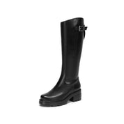 Black Leather Top Buckle Knee-High Riding Boots
