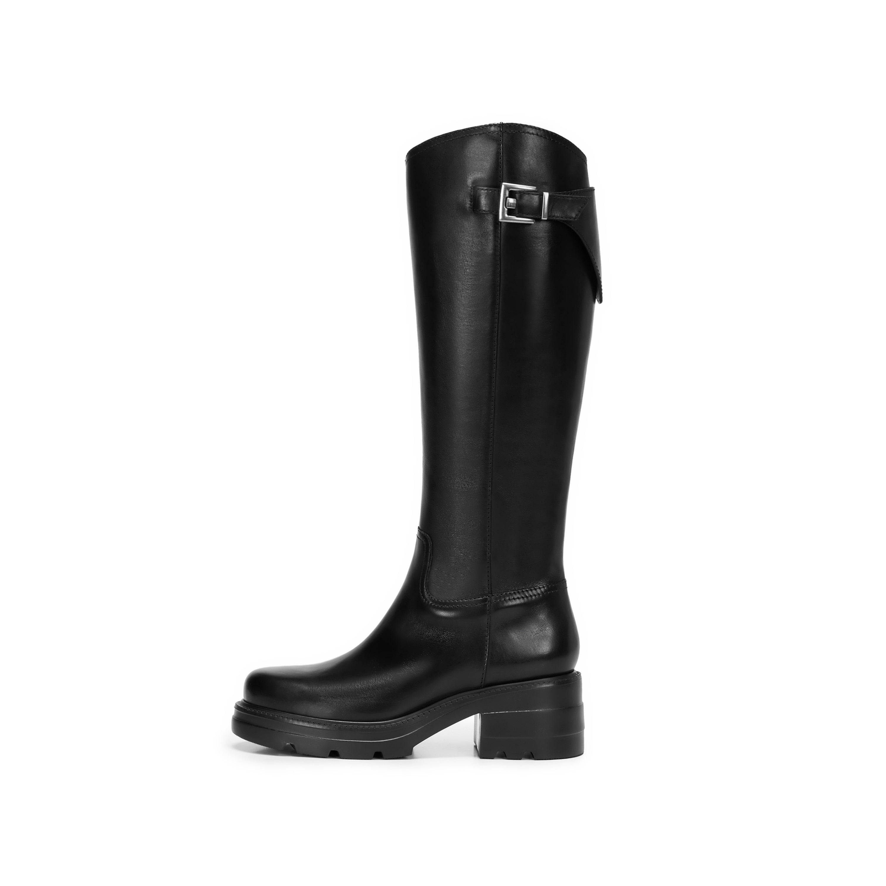 Black Leather Top Buckle Knee-High Riding Boots