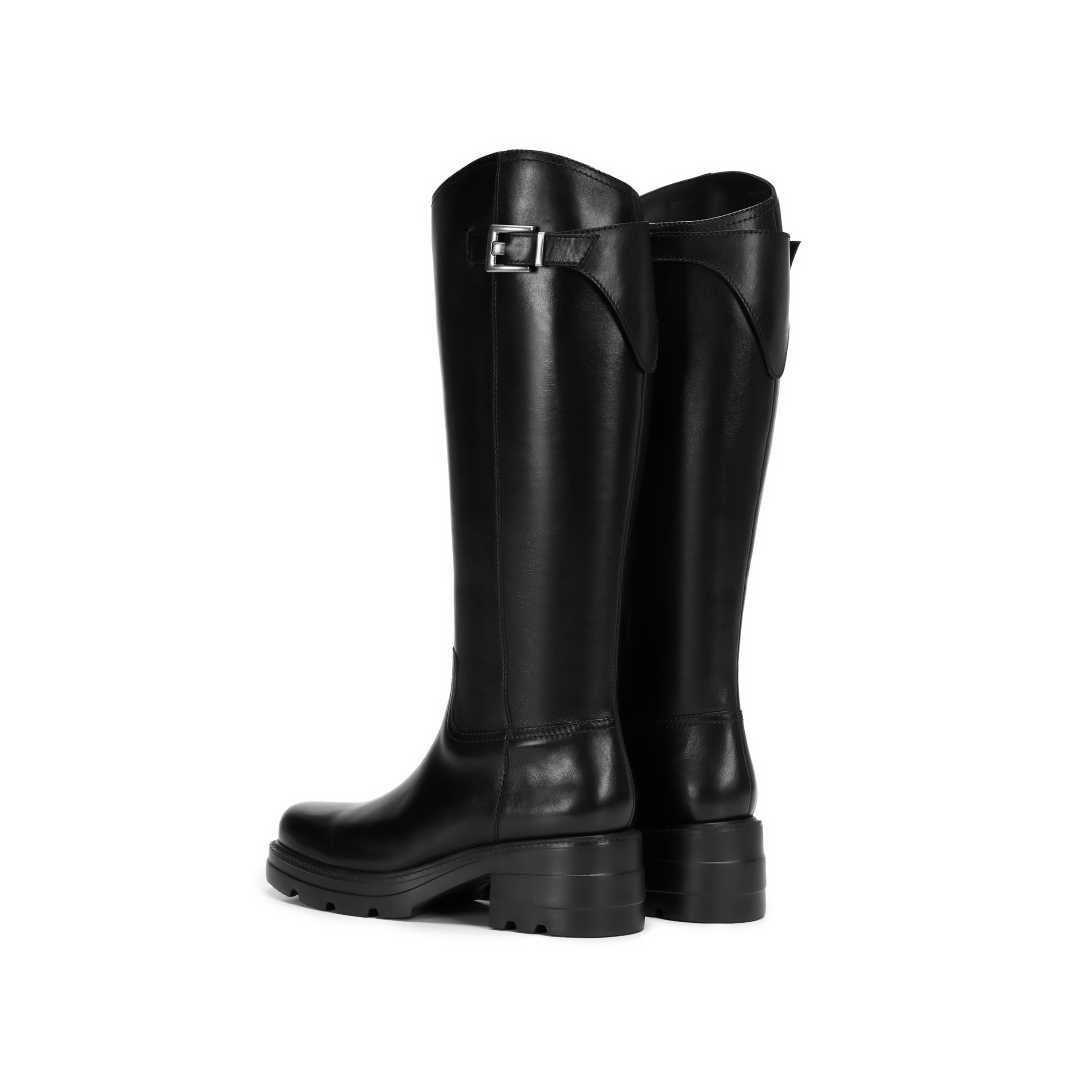 Black Leather Top Buckle Knee-High Riding Boots