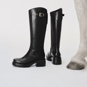 Black Leather Top Buckle Knee-High Riding Boots