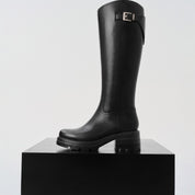 Black Leather Top Buckle Knee-High Riding Boots