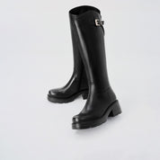 Black Leather Top Buckle Knee-High Riding Boots