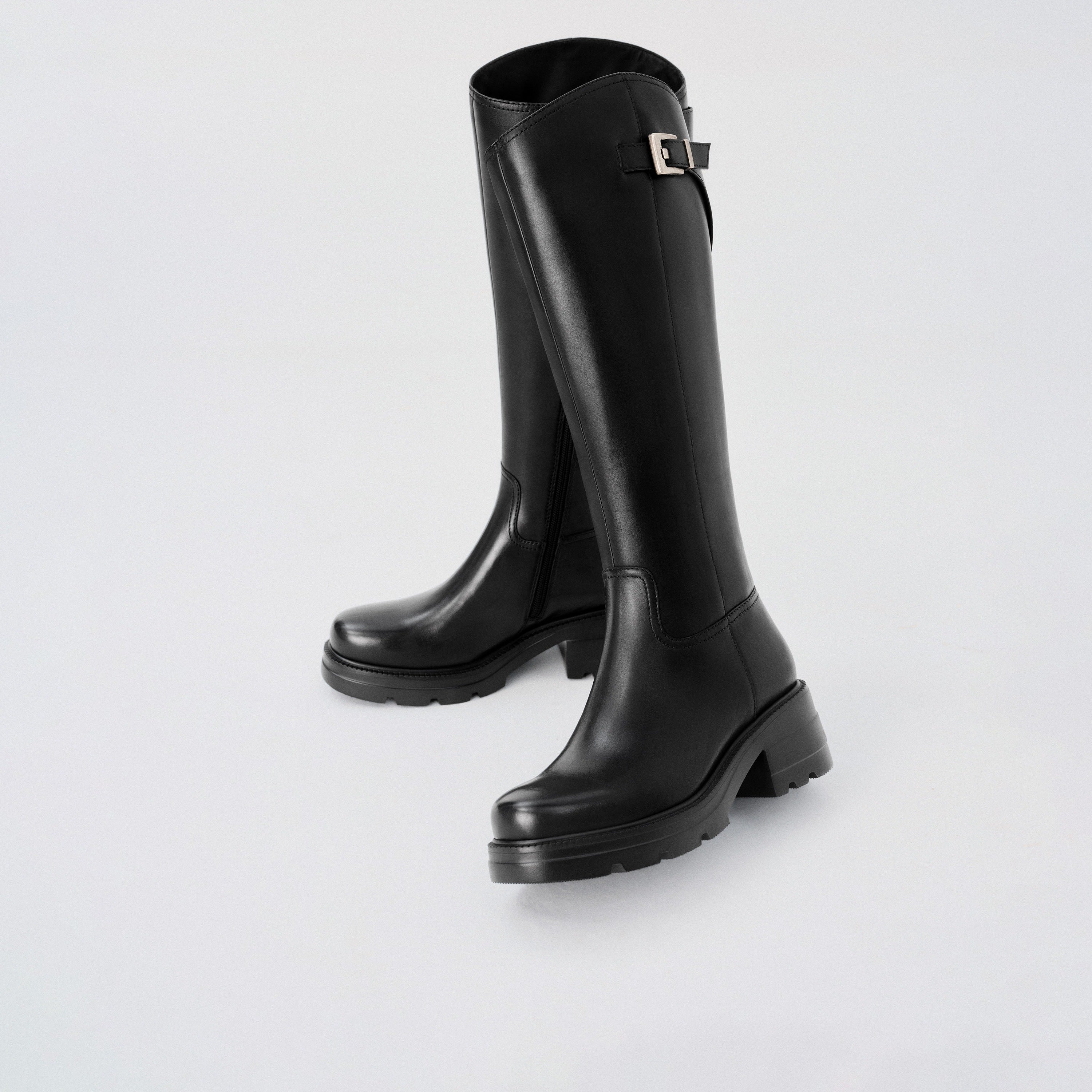 Black Leather Top Buckle Knee-High Riding Boots