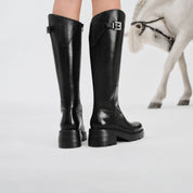 Black Leather Top Buckle Knee-High Riding Boots