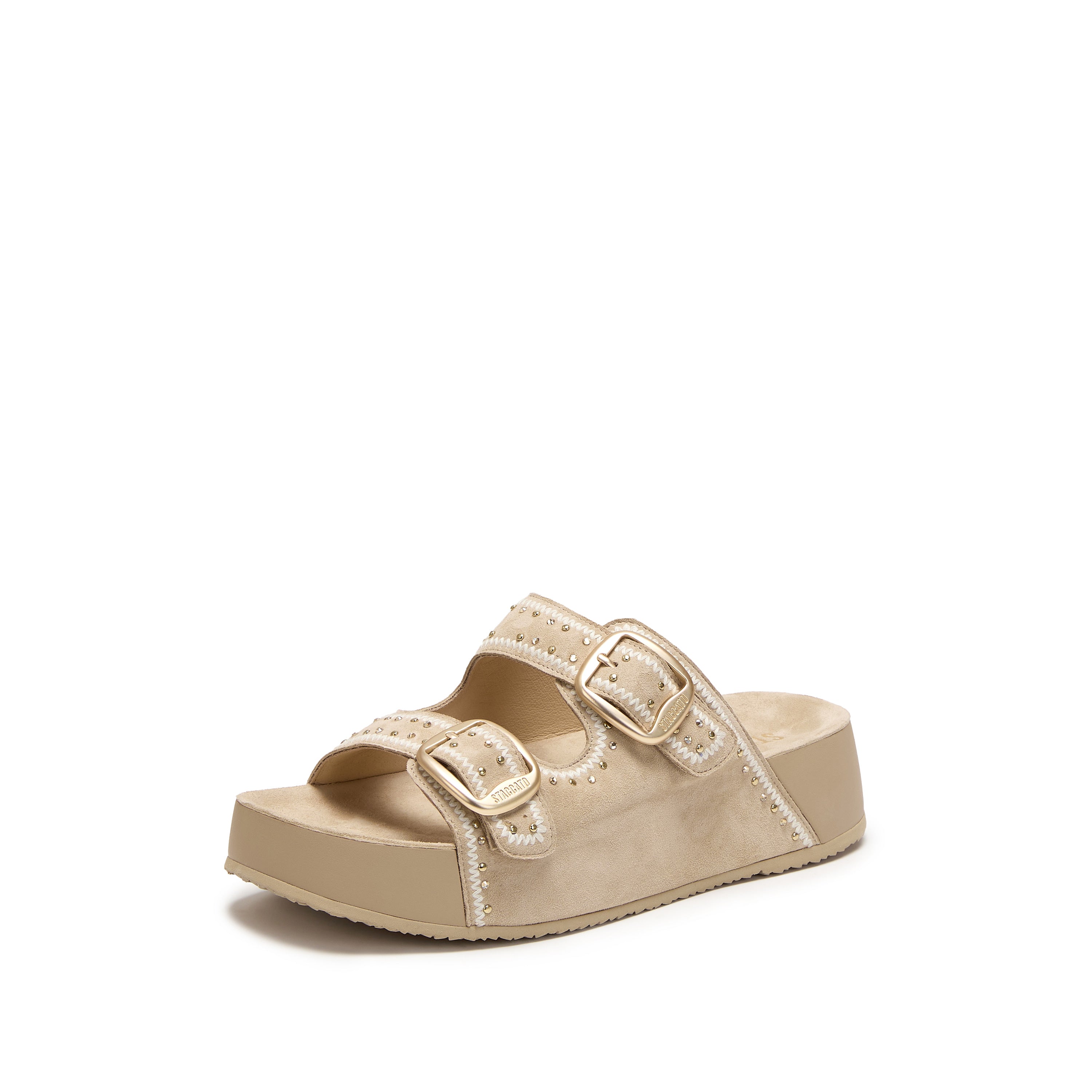 Taupe Embroidered Suede Double Strap Sandals