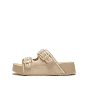 Taupe Embroidered Suede Double Strap Sandals