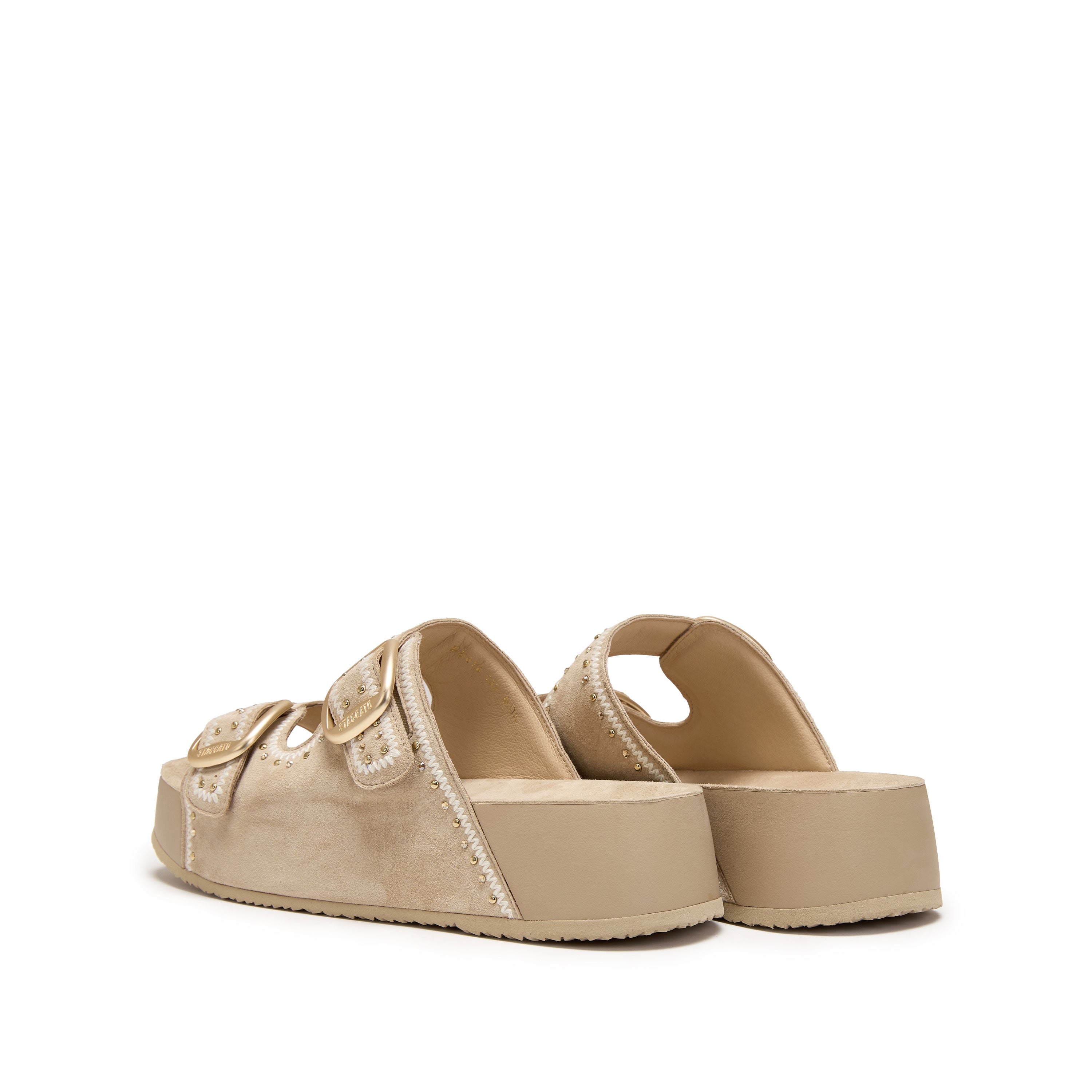 Taupe Embroidered Suede Double Strap Sandals