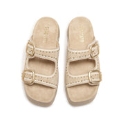 Taupe Embroidered Suede Double Strap Sandals
