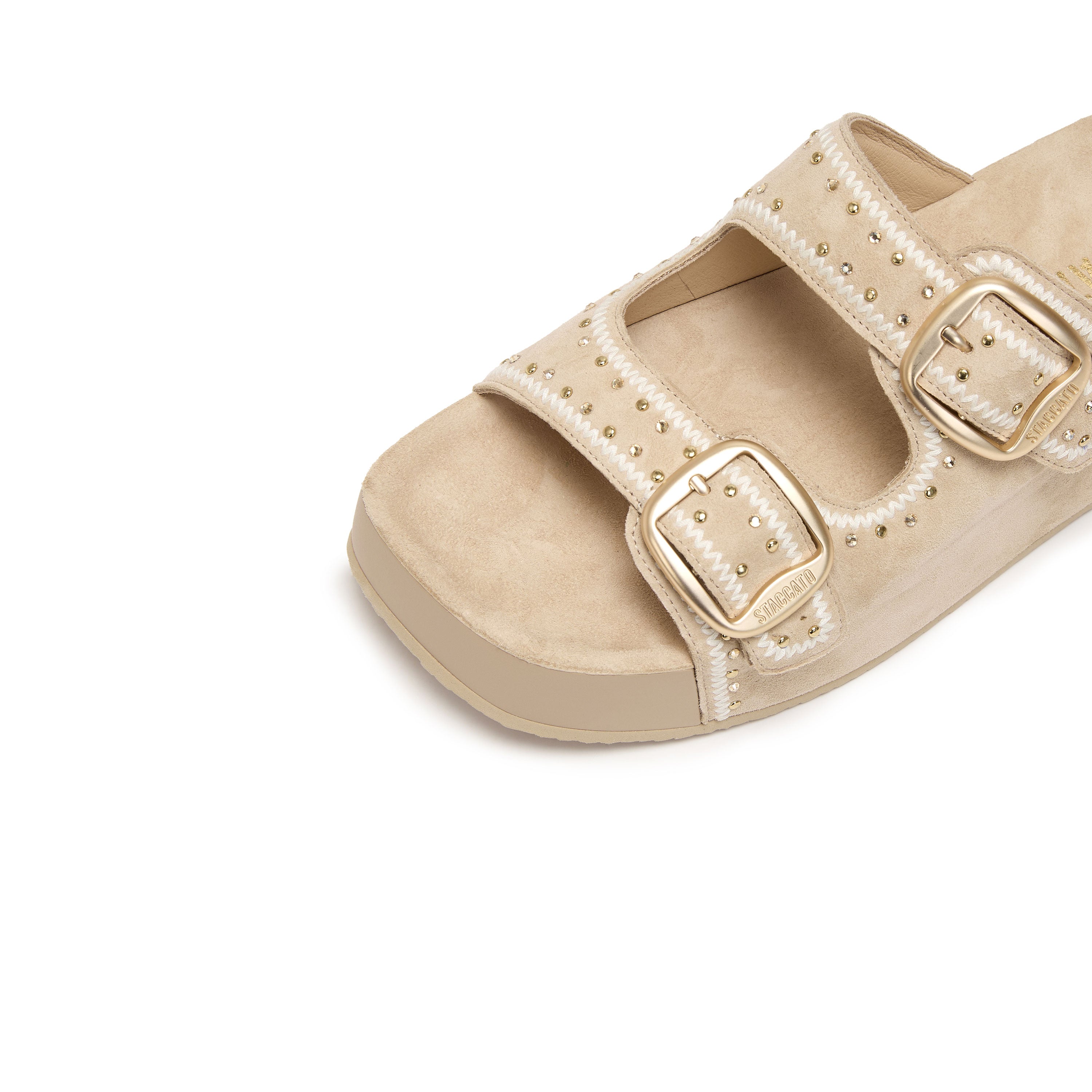 Taupe Embroidered Suede Double Strap Sandals