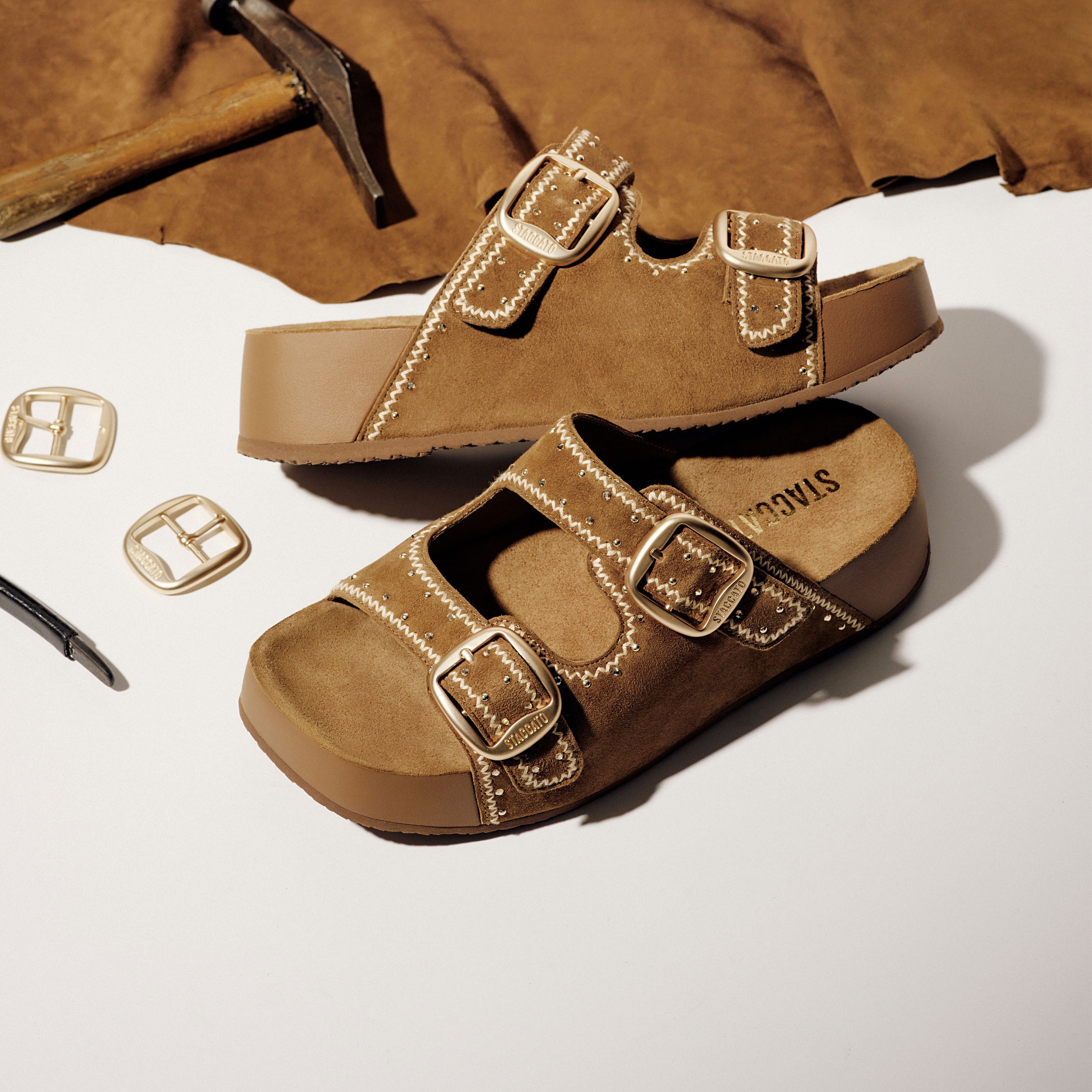 Taupe Embroidered Suede Double Strap Sandals