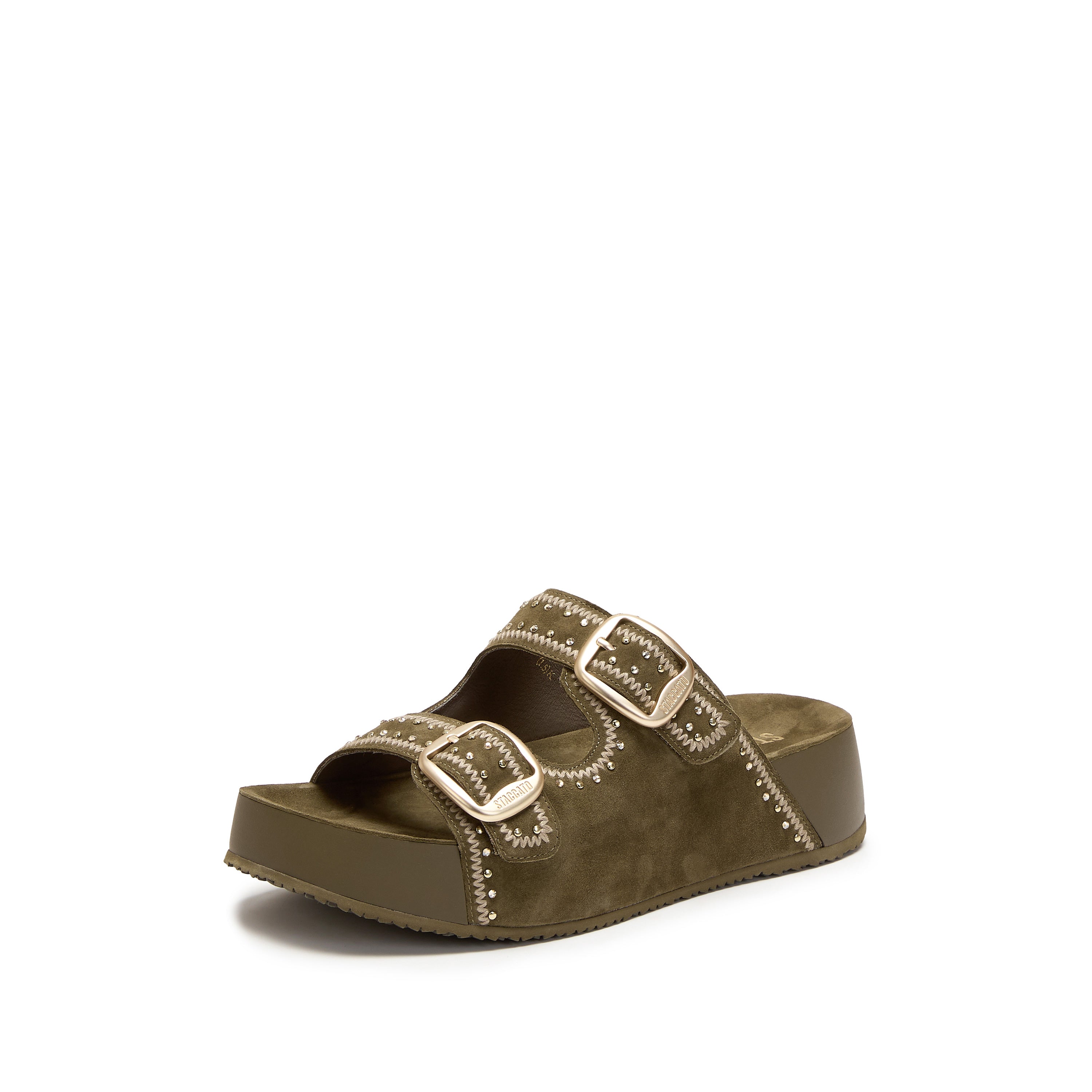 Olive Embroidered Suede Double Strap Sandals