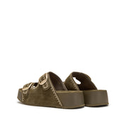 Olive Embroidered Suede Double Strap Sandals