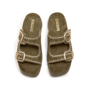 Olive Embroidered Suede Double Strap Sandals