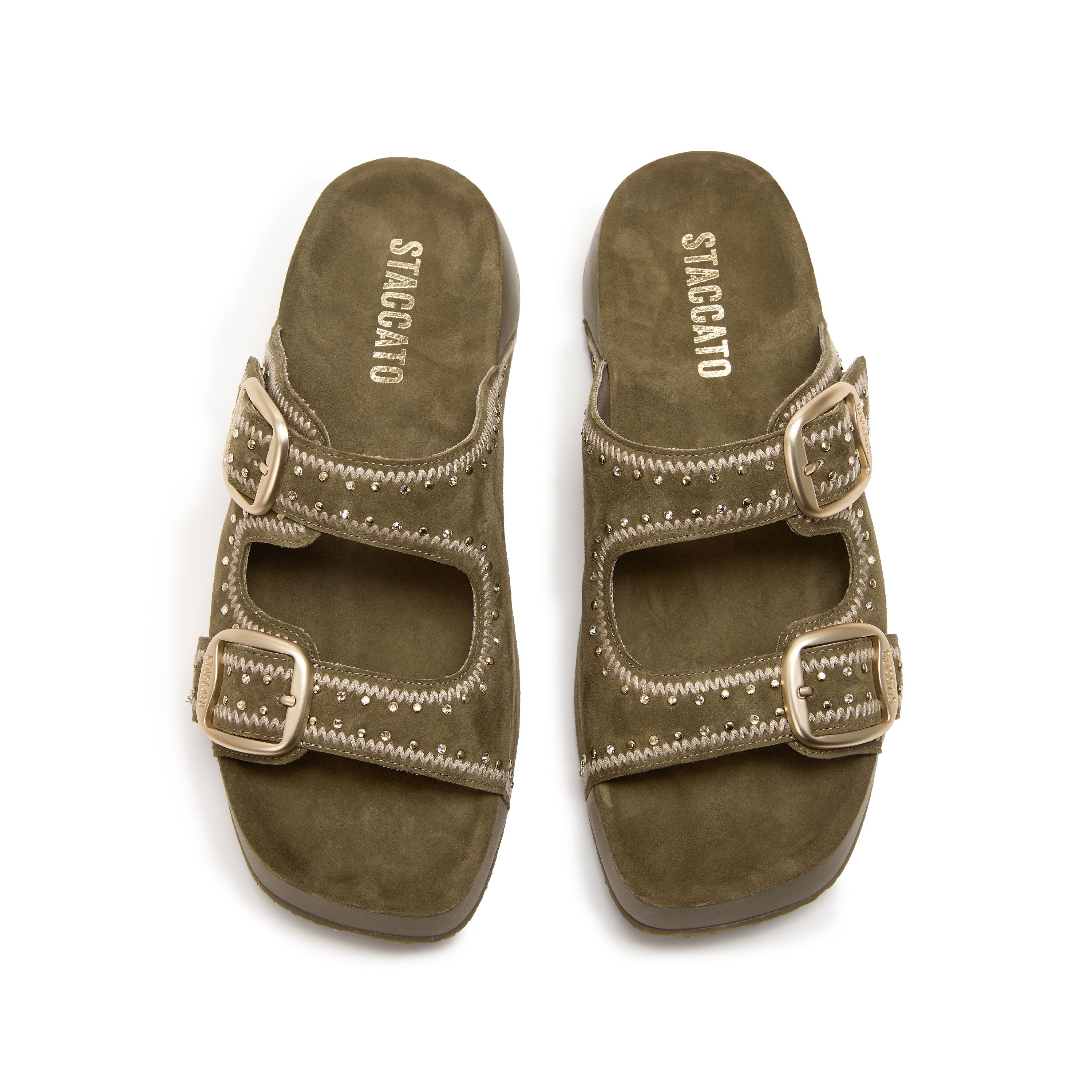 Olive Embroidered Suede Double Strap Sandals