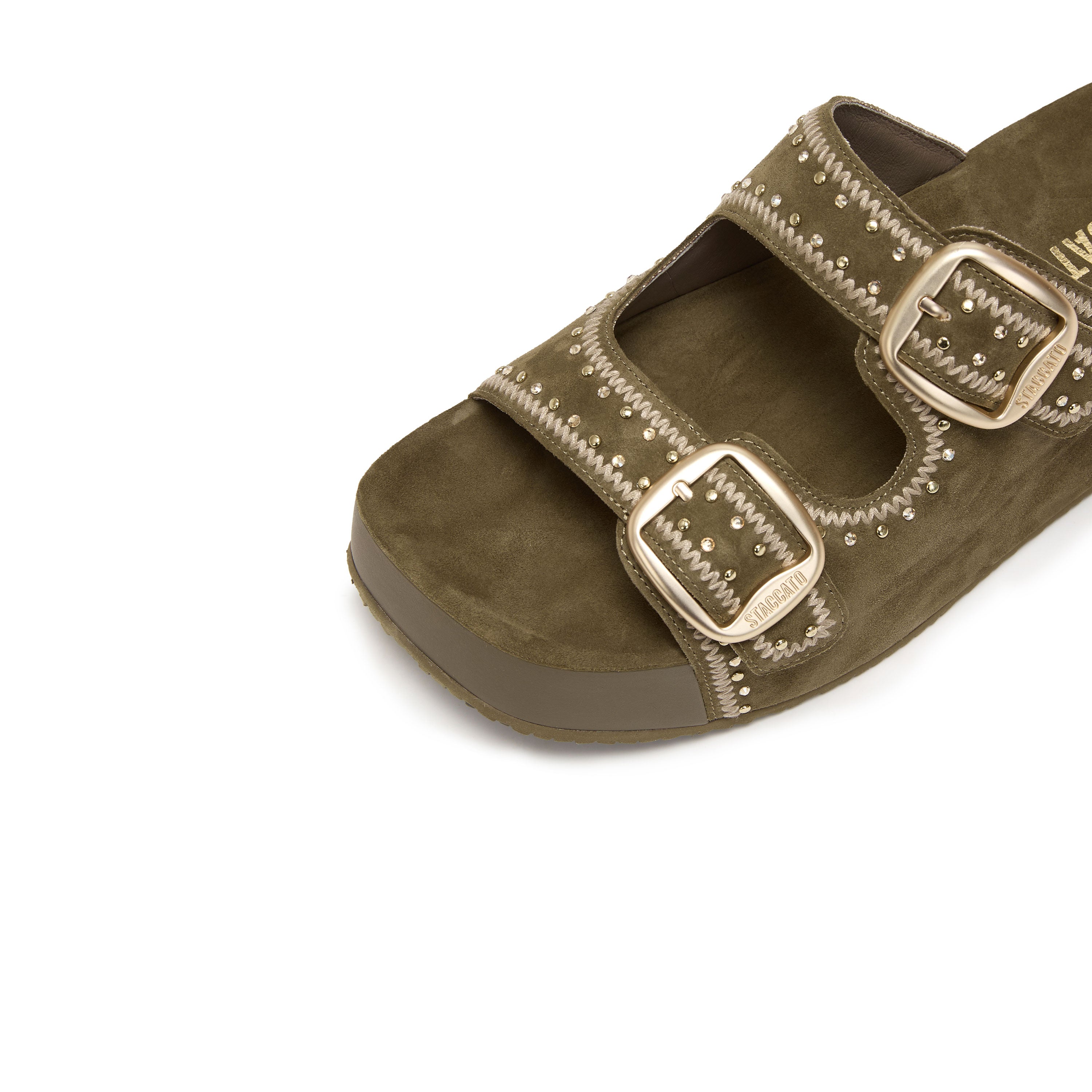 Olive Embroidered Suede Double Strap Sandals