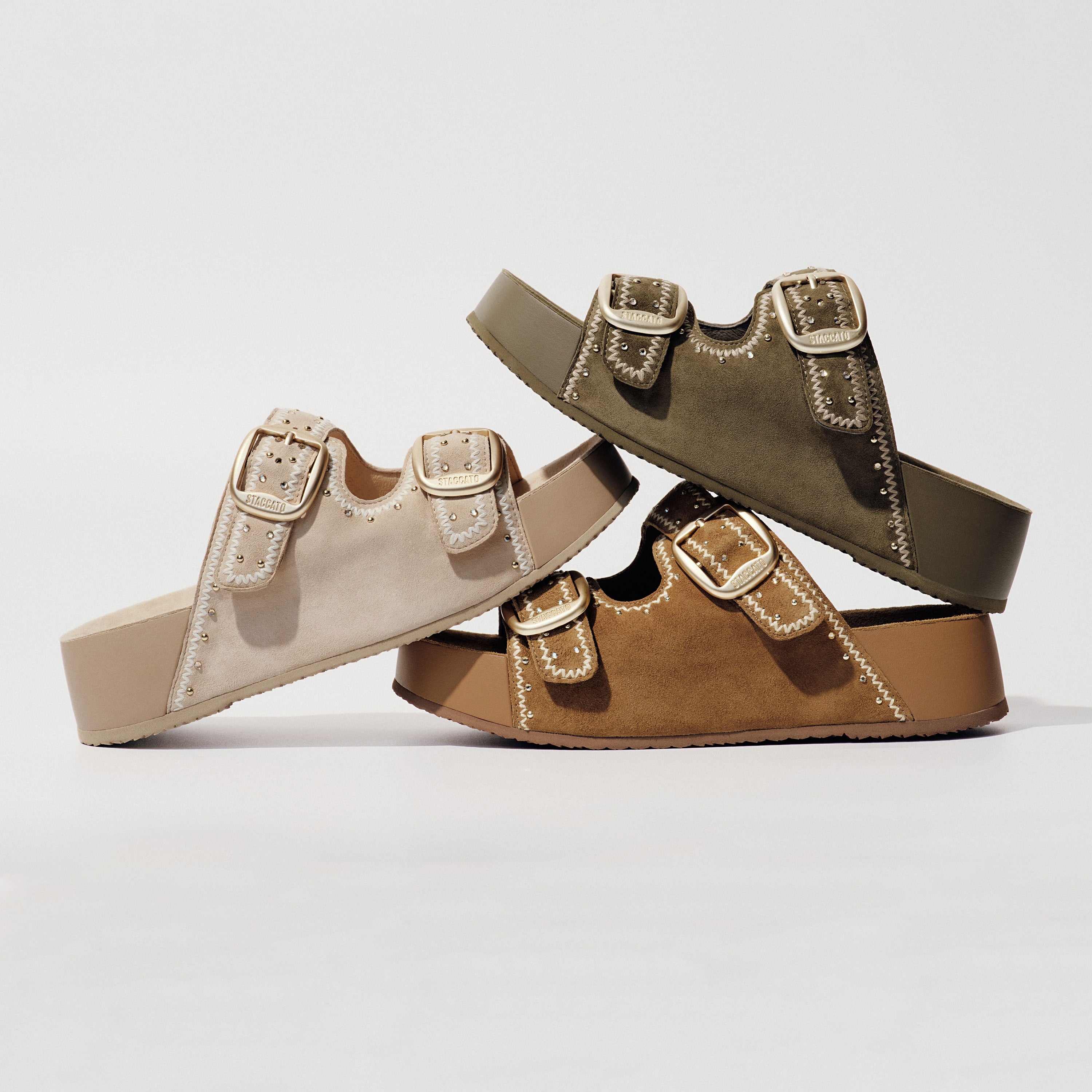 Olive Embroidered Suede Double Strap Sandals