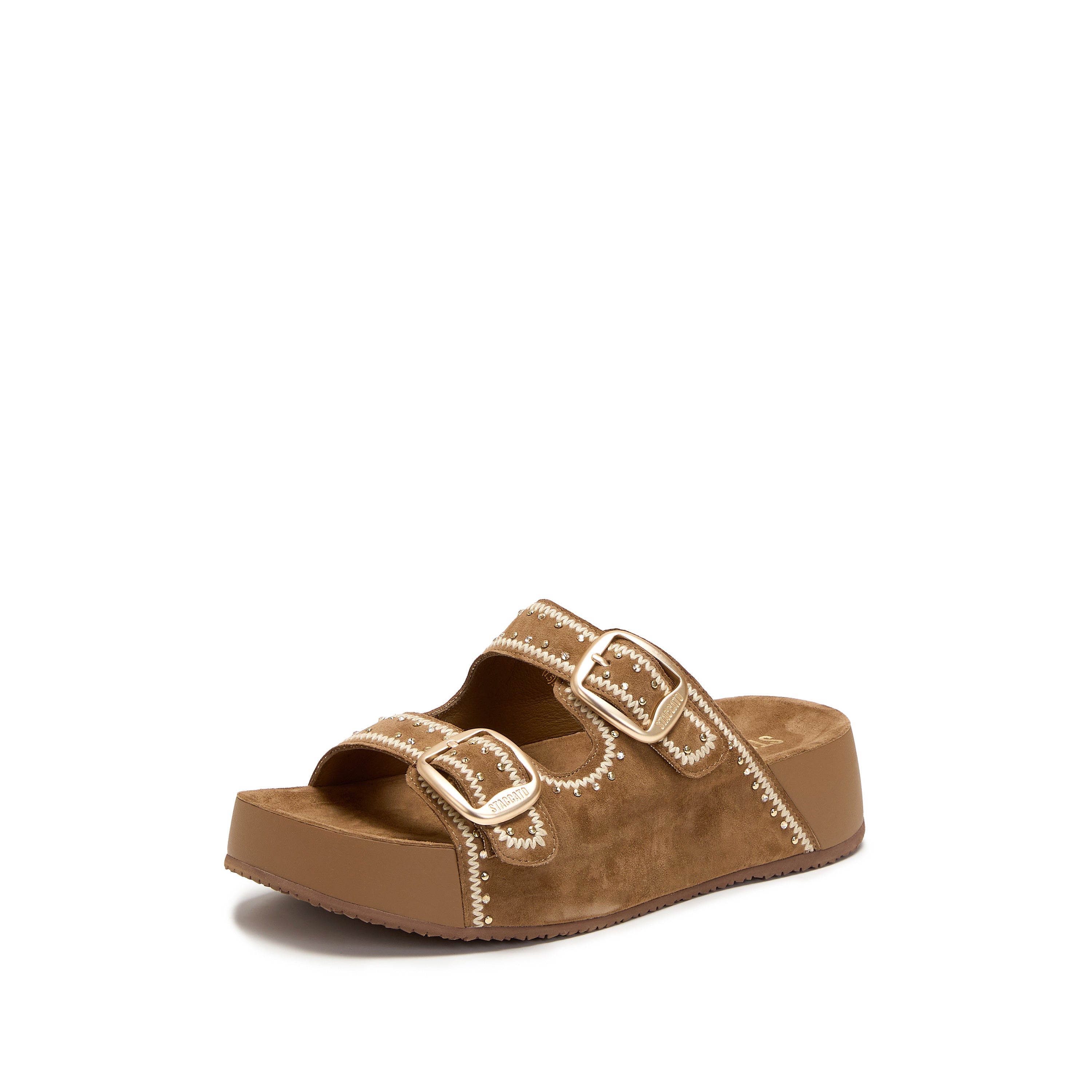 Camel Embroidered Suede Double Strap Sandals