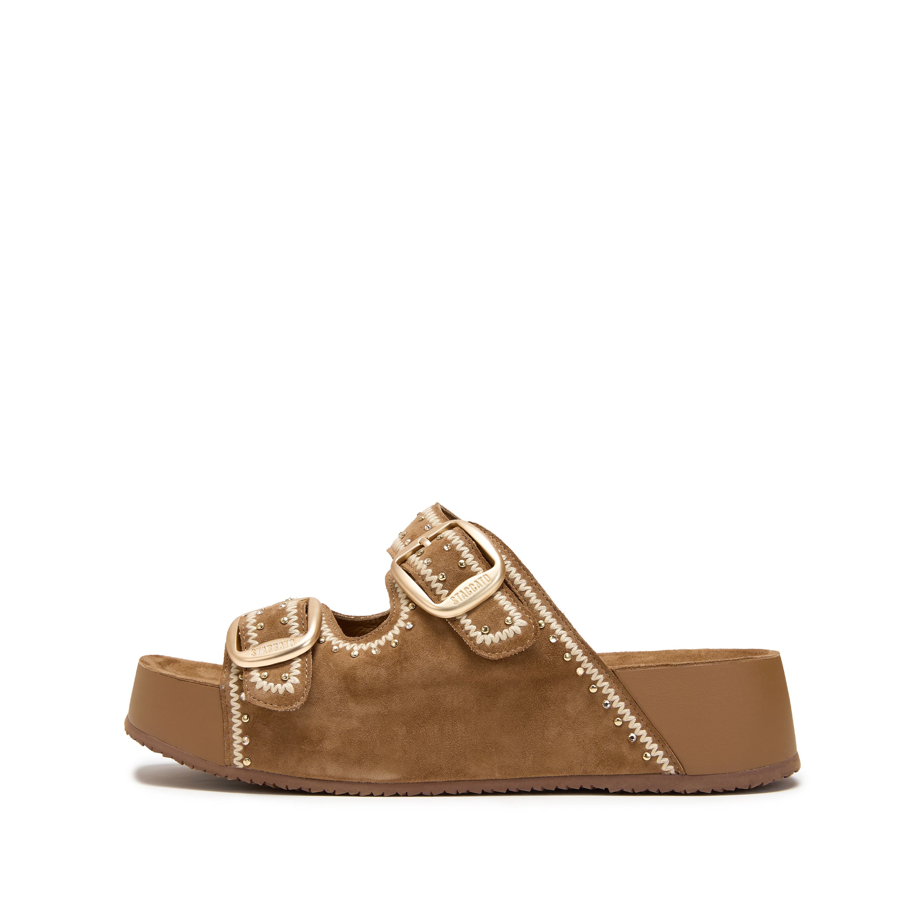 Camel Embroidered Suede Double Strap Sandals