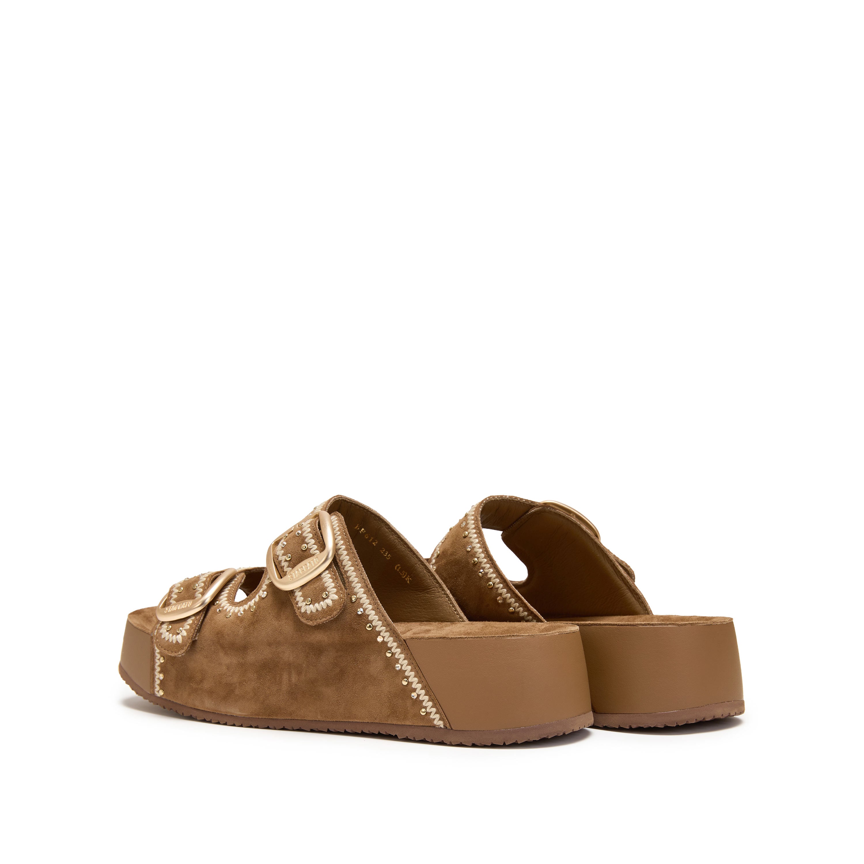 Camel Embroidered Suede Double Strap Sandals