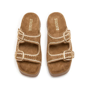 Camel Embroidered Suede Double Strap Sandals