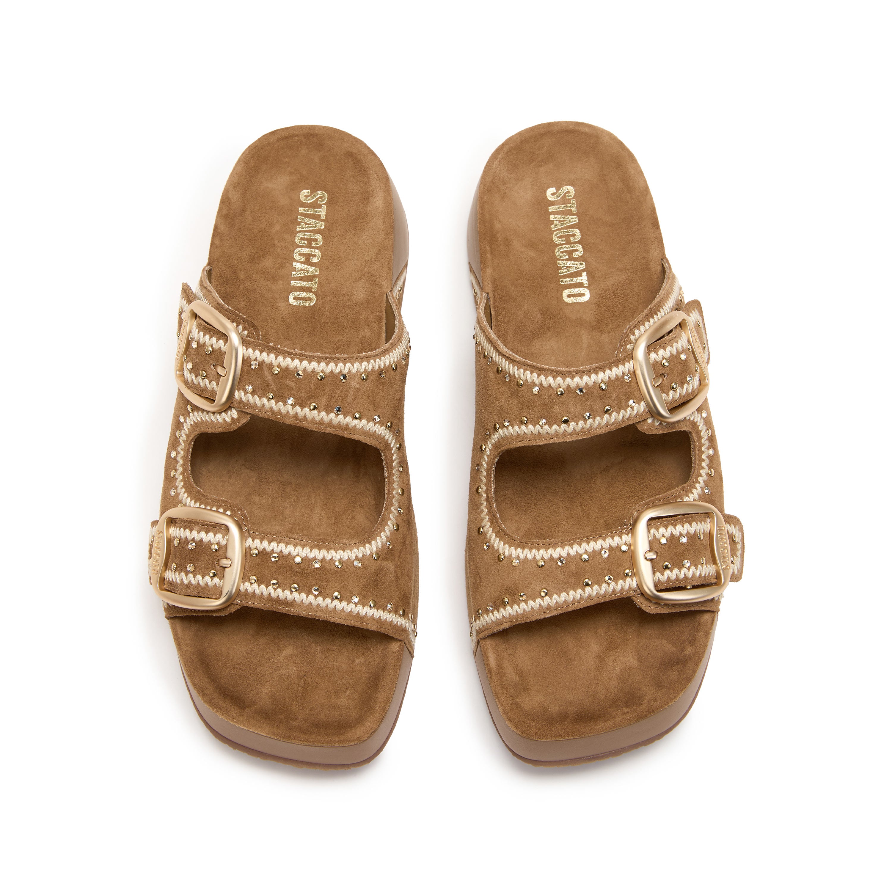 Camel Embroidered Suede Double Strap Sandals