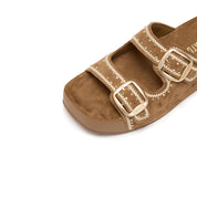 Camel Embroidered Suede Double Strap Sandals
