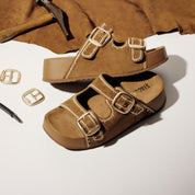Camel Embroidered Suede Double Strap Sandals