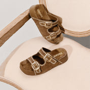 Camel Embroidered Suede Double Strap Sandals