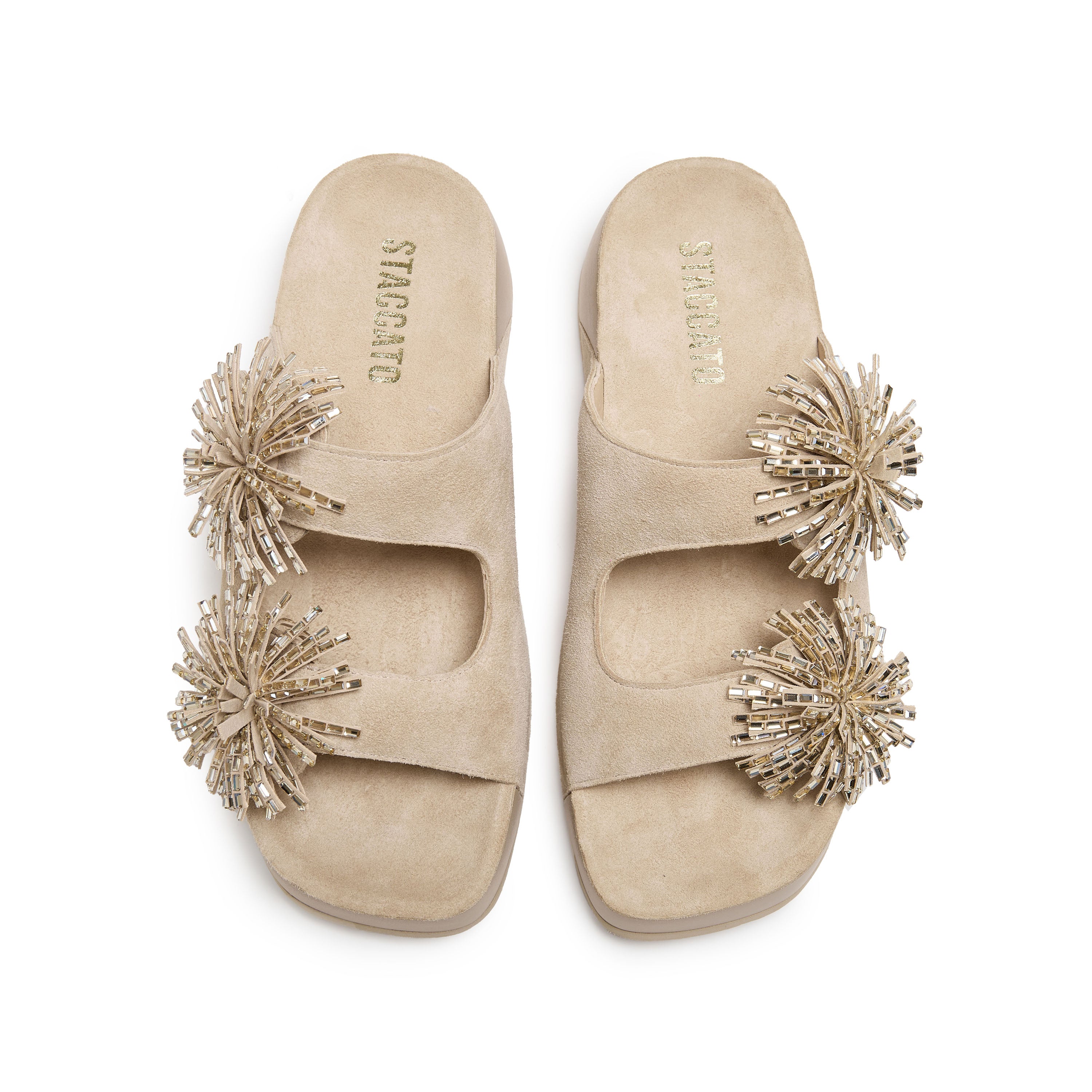 Taupe Suede Crystal Fireworks Double Strap Sandals