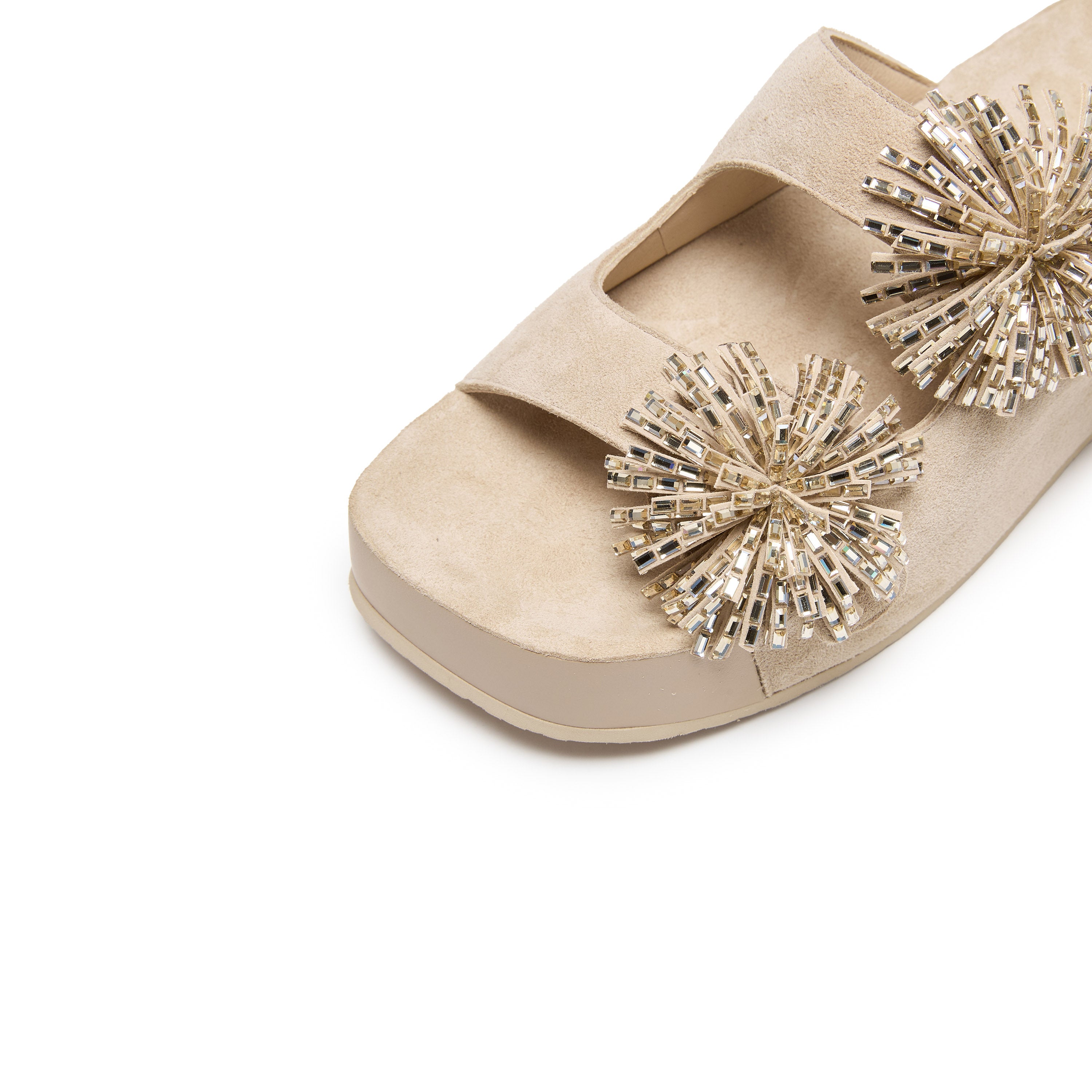 Taupe Suede Crystal Fireworks Double Strap Sandals