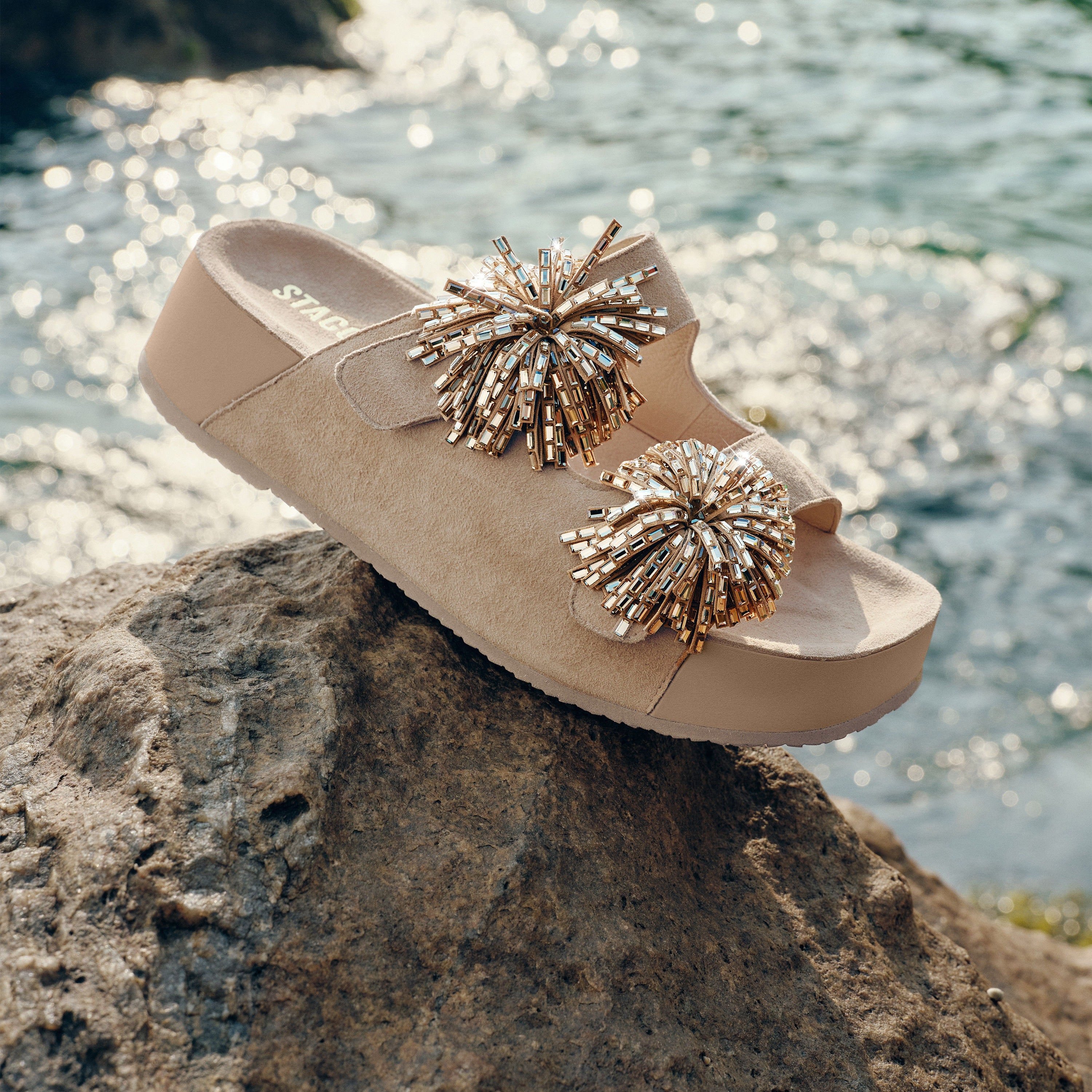 Taupe Suede Crystal Fireworks Double Strap Sandals