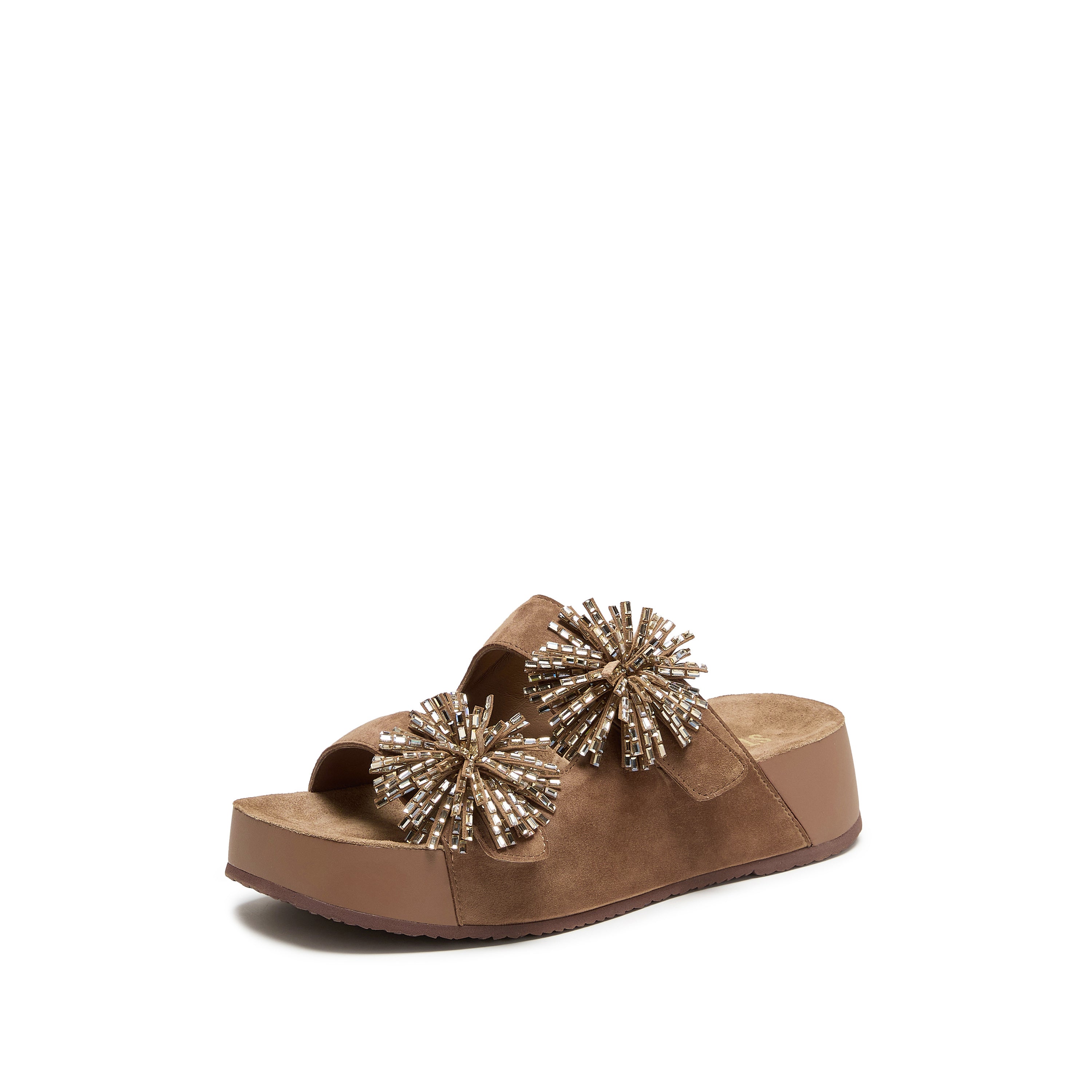 Camel Suede Crystal Fireworks Double Strap Sandals