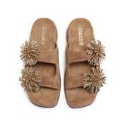 Camel Suede Crystal Fireworks Double Strap Sandals