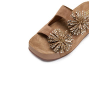 Camel Suede Crystal Fireworks Double Strap Sandals