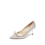 Load image into Gallery viewer, Crystal Bow Light Gold Shiny Fabric Heeled Pumps
