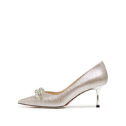 Crystal Bow Light Gold Shiny Fabric Heeled Pumps