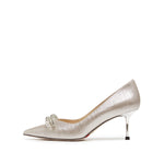 Load image into Gallery viewer, Crystal Bow Light Gold Shiny Fabric Heeled Pumps
