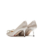 Load image into Gallery viewer, Crystal Bow Light Gold Shiny Fabric Heeled Pumps

