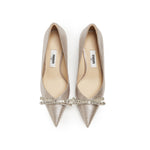 Load image into Gallery viewer, Crystal Bow Light Gold Shiny Fabric Heeled Pumps
