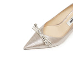 Load image into Gallery viewer, Crystal Bow Light Gold Shiny Fabric Heeled Pumps
