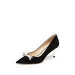 Load image into Gallery viewer, Crystal Bow Black Suede Heeled Pumps
