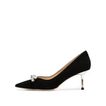 Load image into Gallery viewer, Crystal Bow Black Suede Heeled Pumps
