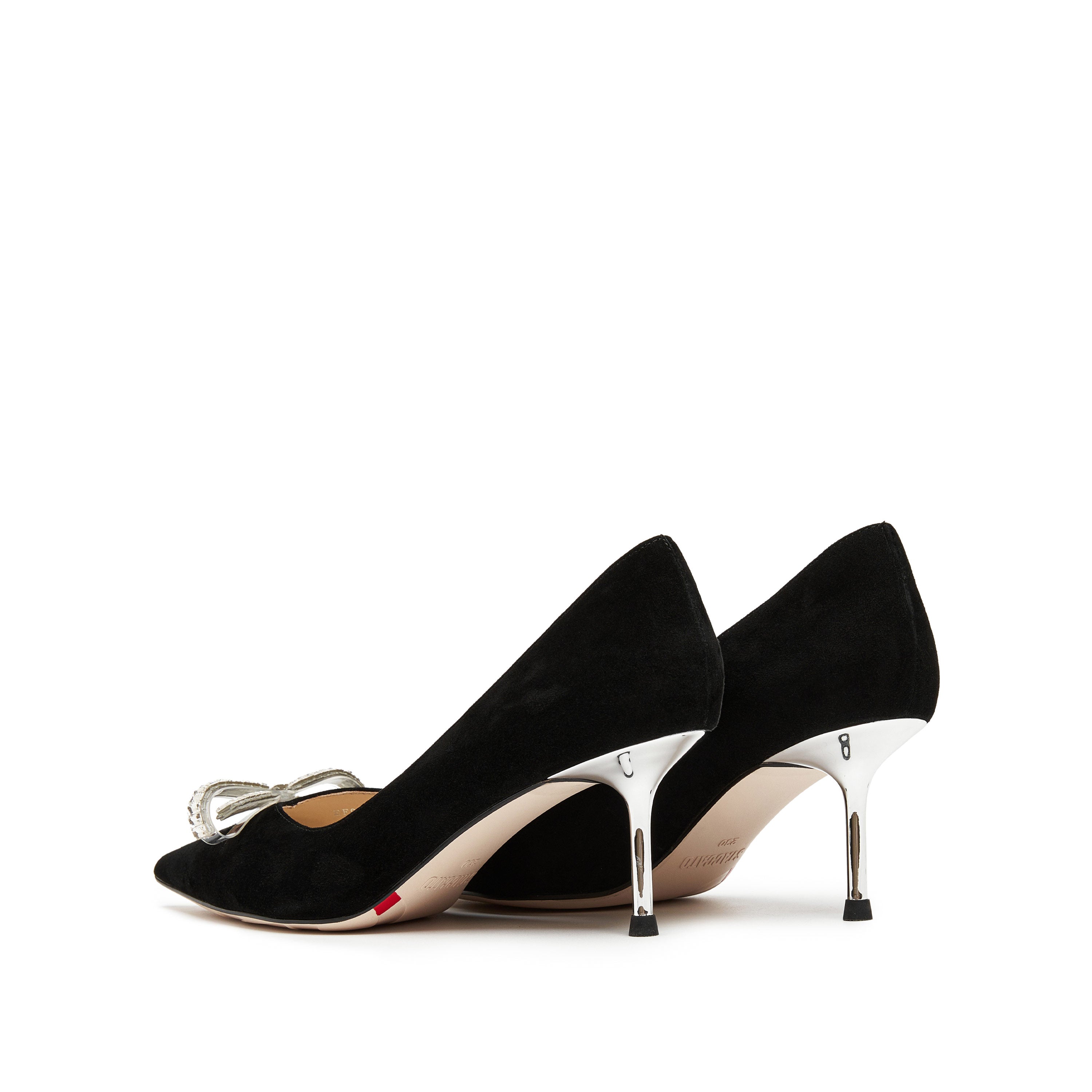 Crystal Bow Black Suede Heeled Pumps