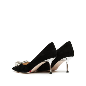 Crystal Bow Black Suede Heeled Pumps
