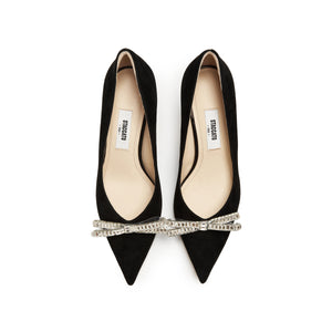 Crystal Bow Black Suede Heeled Pumps
