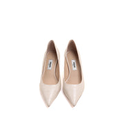 Beige Embossed Leather Pointy Heeled Pumps