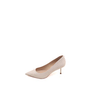 Beige Embossed Leather Pointy Heeled Pumps