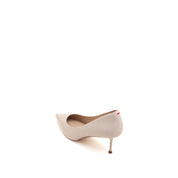 Beige Embossed Leather Pointy Heeled Pumps