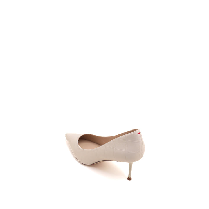 Beige Embossed Leather Pointy Heeled Pumps