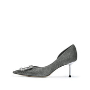 Grey Lurex D'Orsay Crystal Buckle Stiletto Heels Pumps